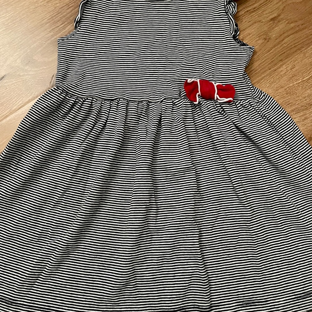 Petit Bateau Striped Blue and White Kids Dress with Red Bow
